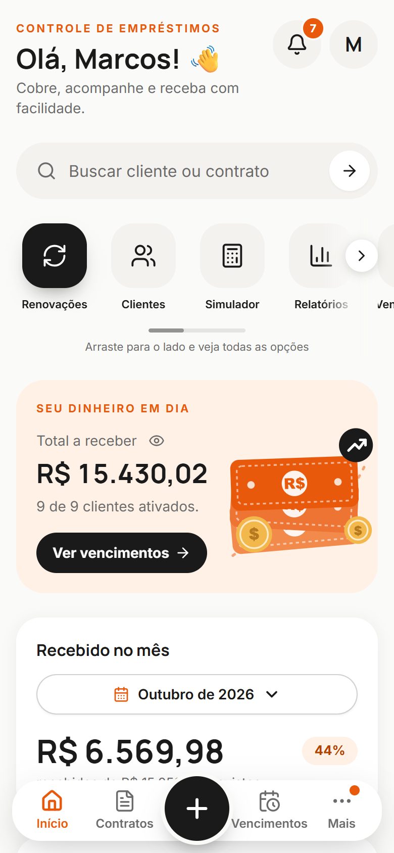 Tela inicial do Kapital no celular com o total a receber
