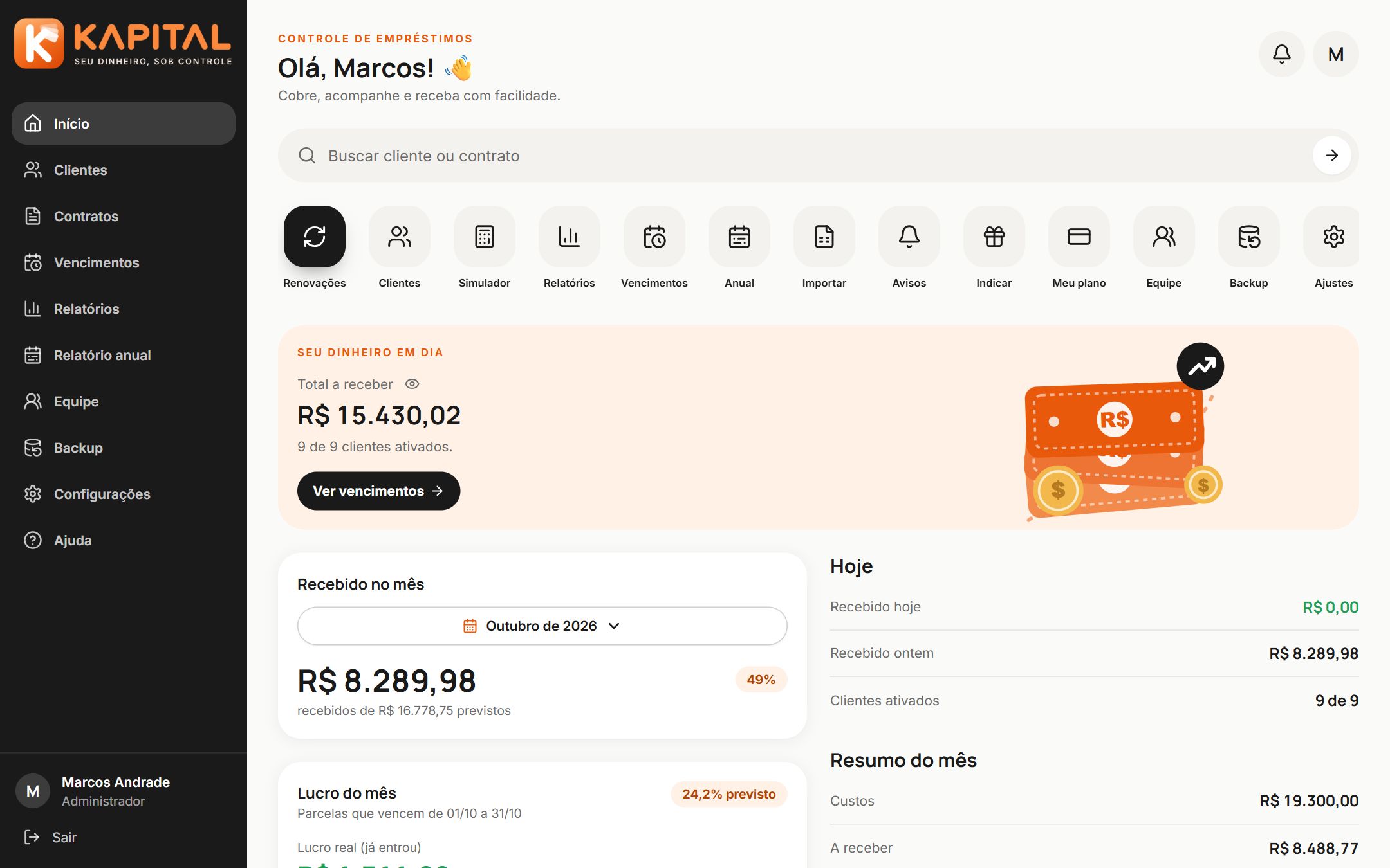 O Kapital no computador, com o painel de recebimentos